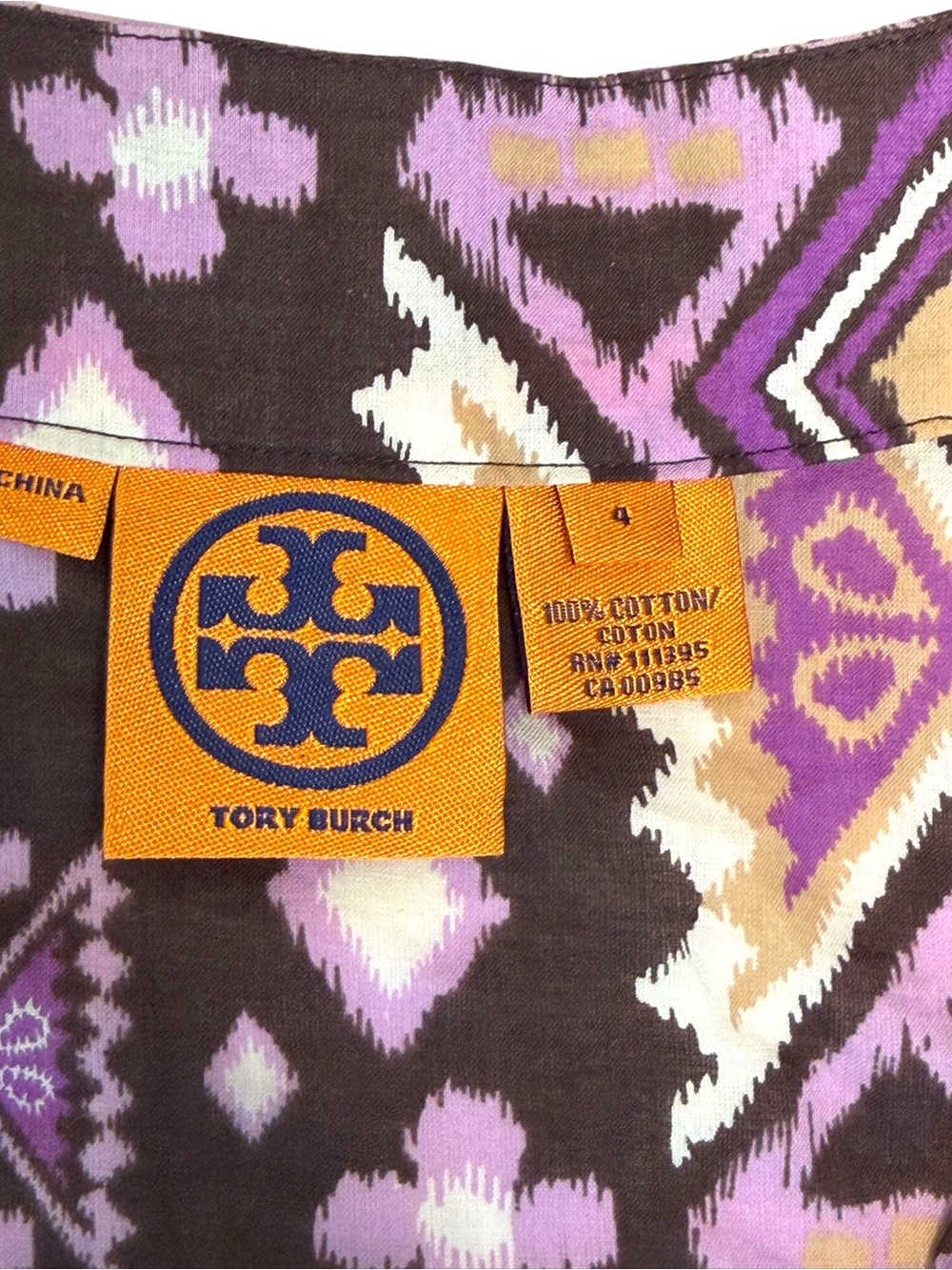 Tory Burch Printed Tunic Dress Purple Brown Geometric Embroidered Neck Size 4 - Picture 9 of 9